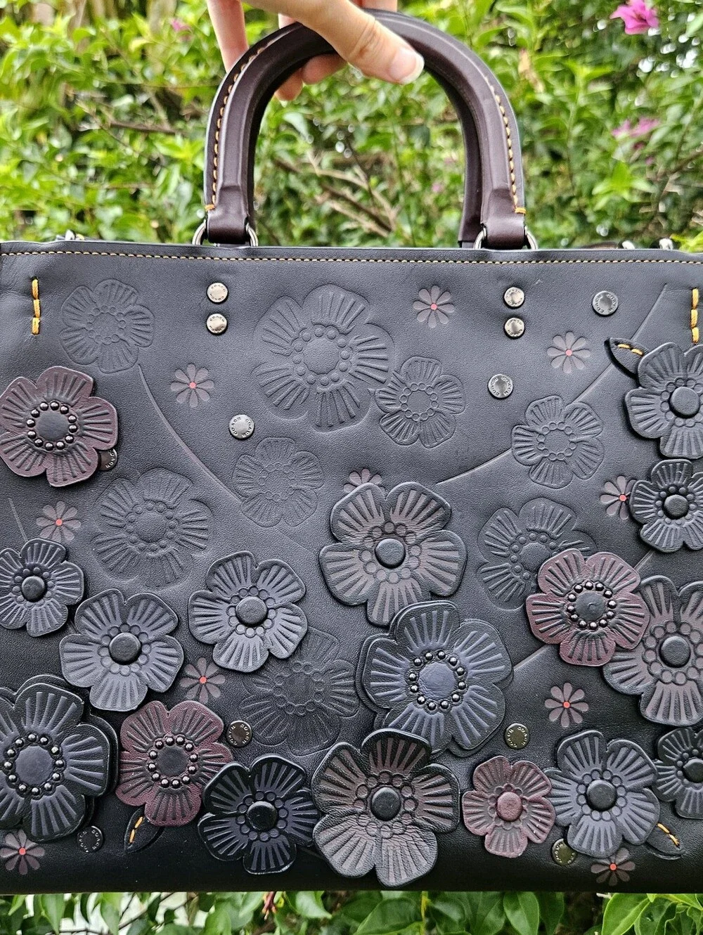 Coach Rogue 30 Tea Rose C8520 Black Multi Colorblock Leather Satchel
